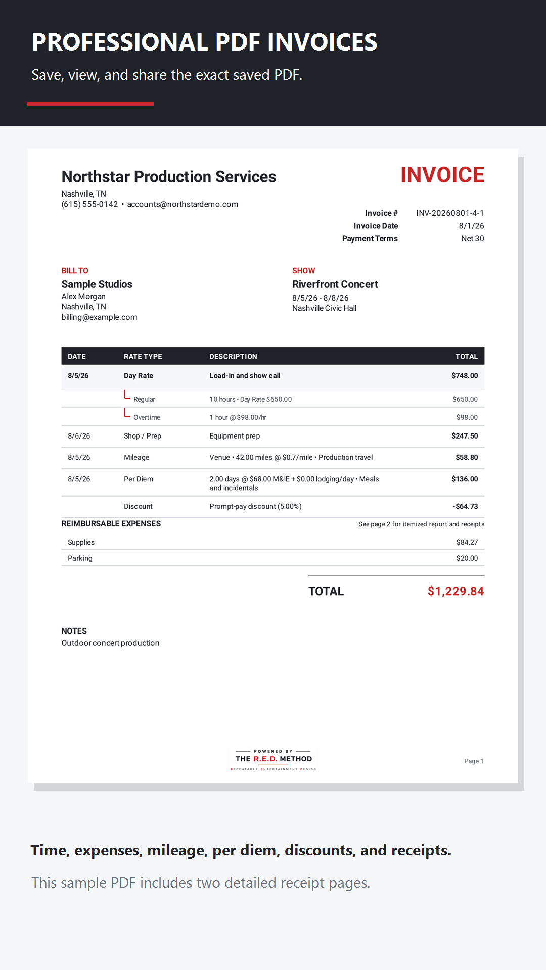 Sample invoice PDF including overtime and expenses